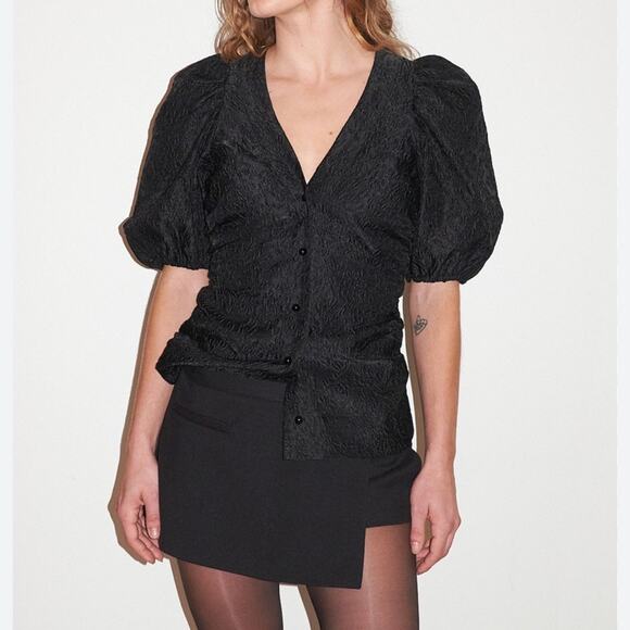 Ganni Jacquard Organza Gathered V-Neck Blouse 32/0 XS - Picture 1 of 10